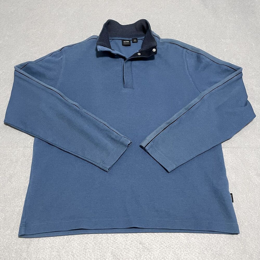 Hugo Boss Sweater Mens Large Blue 1/4 Mock Neck Snap Buttons Regular Fit Cozy